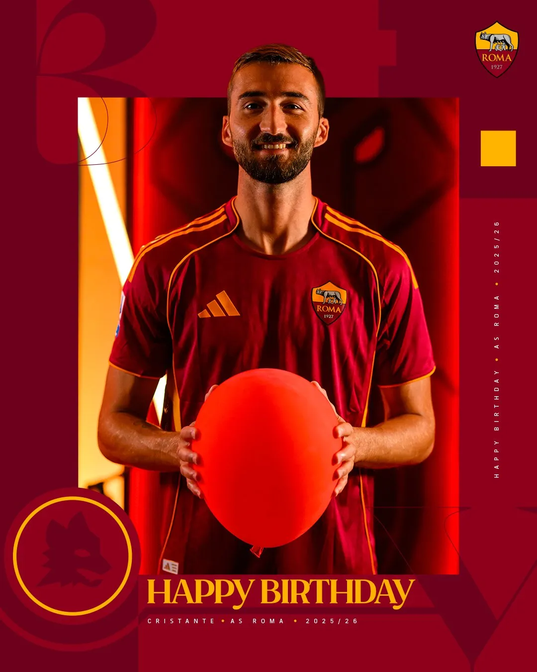 官方赛程-克里斯坦特迎31岁生日，罗马官方社媒为其庆生